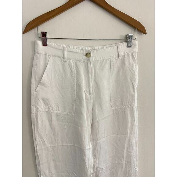 Olsen sz 8 Linen Pants White Wide Leg High Rise Carpenter Pockets Resort Beach - Picture 5 of 9